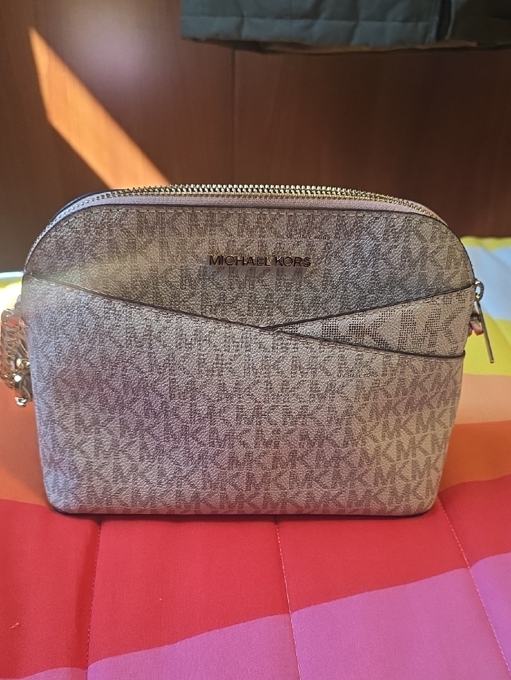 Michael Kors Beige Logo Crossbody Bag with Gold-Tone Hardware